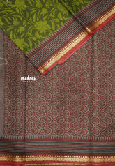 Soft Muslin cotton big florals with thread border - sap green